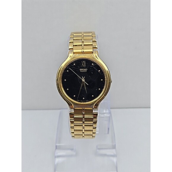 Seiko Quartz V701 6K09 Gold Tone Black Dial Mens Dress Watch New Battery Vintage - Picture 1 of 16